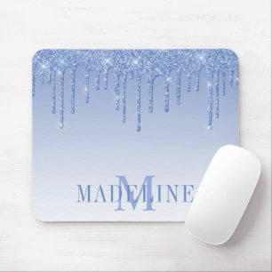 Modern Fashionable Dusty Blue Glitter Monogram Mouse Pad