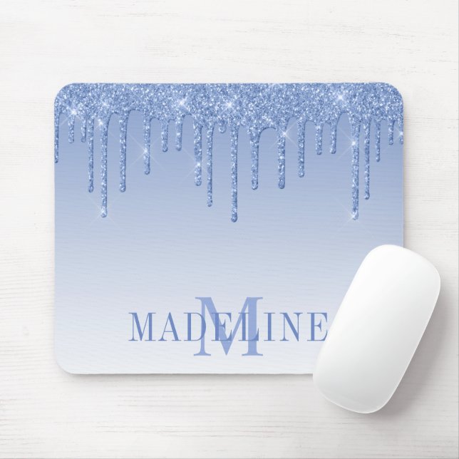 Modern Fashionable Dusty Blue Glitter Monogram Mouse Pad (With Mouse)