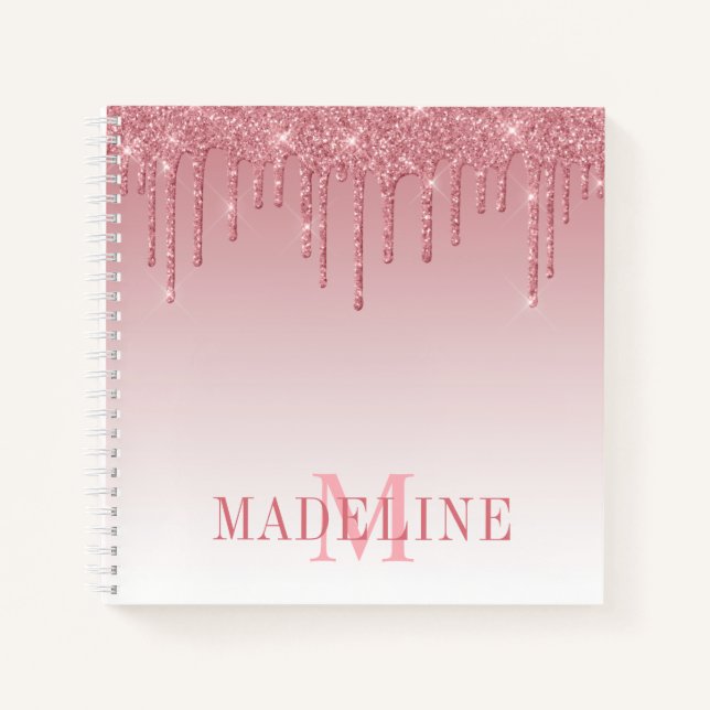 Modern Fashionable Dusty Pink Glitter Monogram Notebook (Front)