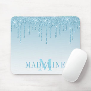Modern Fashionable Light Blue Glitter Monogram Mouse Pad