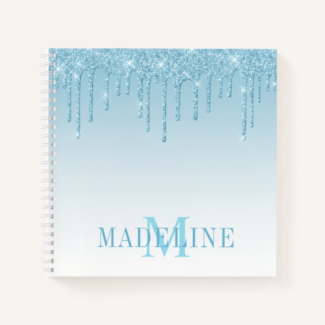 Modern Fashionable Light Blue Glitter Monogram Notebook (Front)