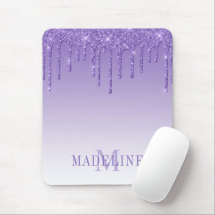 Modern Fashionable Purple Glitter Drip Monogram Mouse Pad