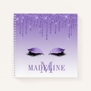 Modern Fashionable Purple Glitter Lashes Monogram Notebook