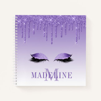 Modern Fashionable Purple Glitter Lashes Monogram Notebook