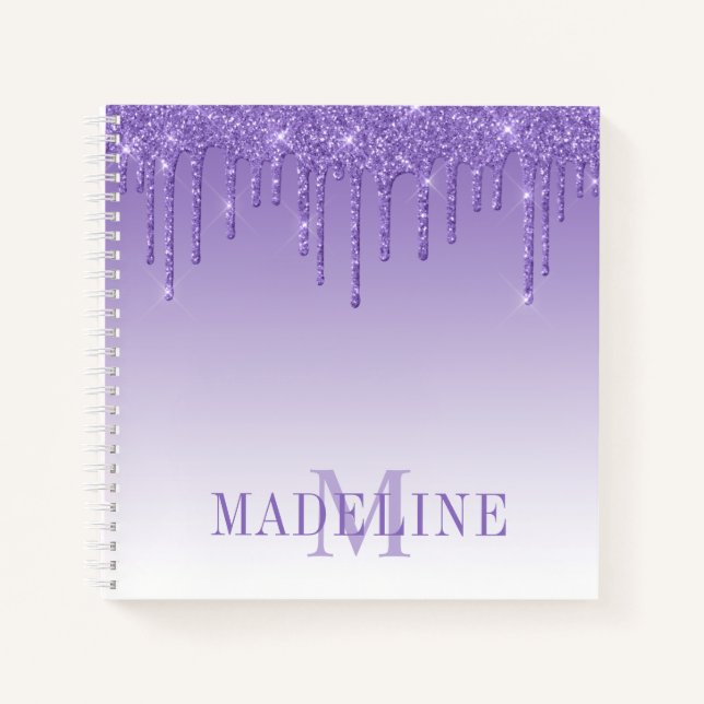 Modern Fashionable Purple Glitter Monogram Notebook (Front)