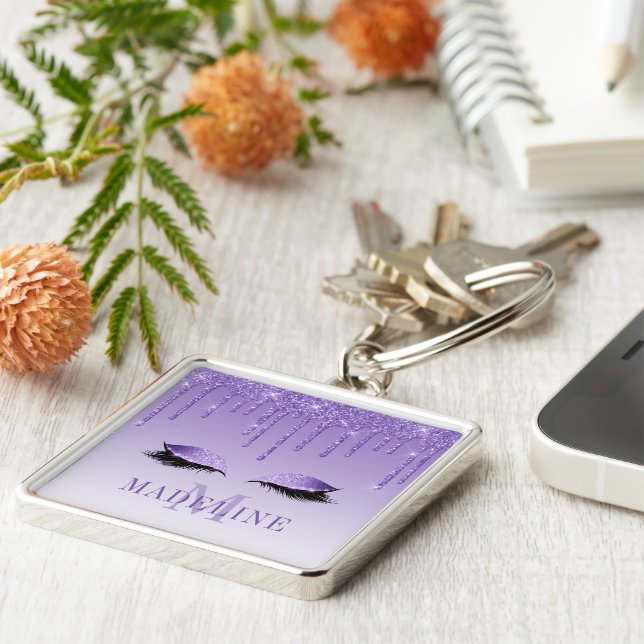 Modern Fashionable Purple Monogram Glitter Lashes Keychain (Side)
