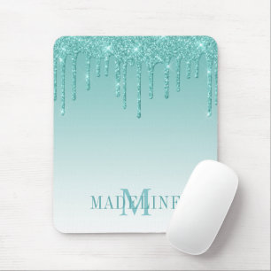 Modern Fashionable Teal Glitter Drip Monogram Mouse Pad