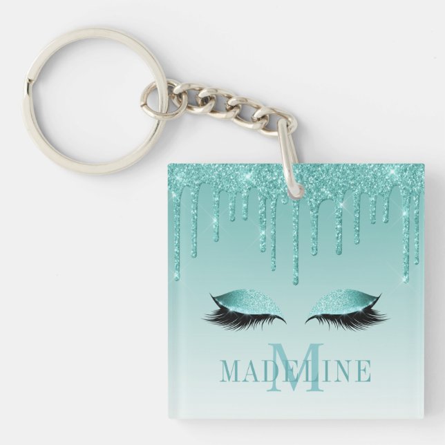 Modern Fashionable Teal Glitter Lashes Monogram Keychain (Front)