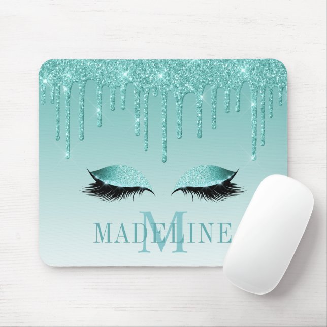 Modern Fashionable Teal Glitter Lashes Monogram Mouse Pad (With Mouse)