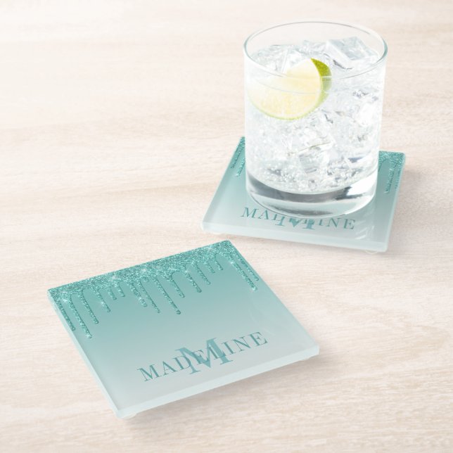 Modern Fashionable Teal Glitter Monogram Glass Coaster (Angled)