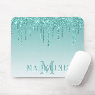 Modern Fashionable Teal Glitter Monogram Mouse Pad