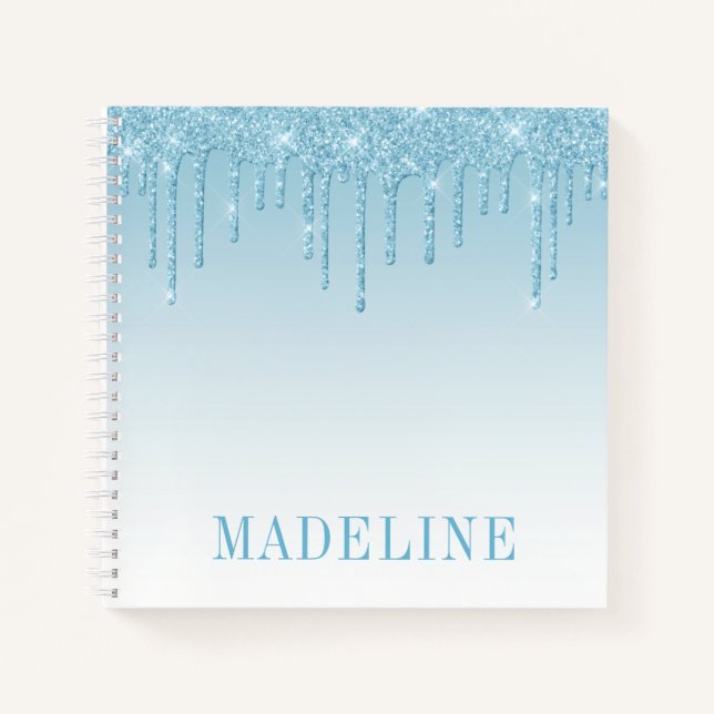 Modern Fashionable Trendy Light Blue Glitter Drip Notebook (Front)