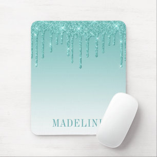 Modern Fashionable Trendy Teal Glitter Drip Mouse Pad