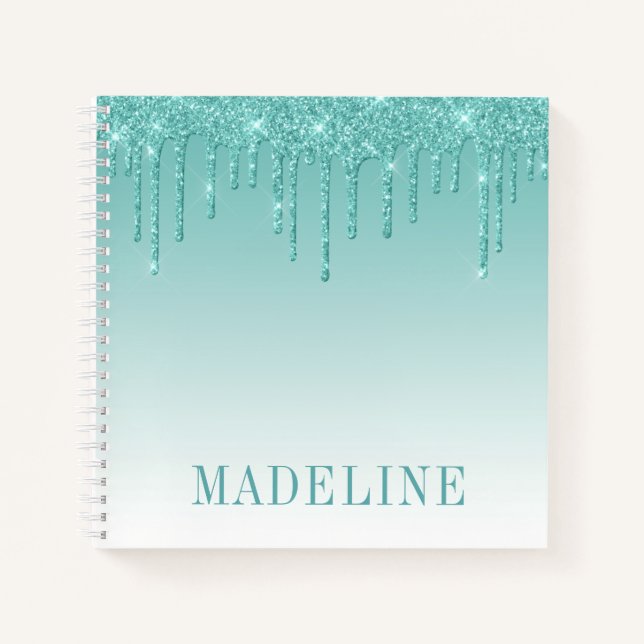 Modern Fashionable Trendy Teal Glitter Drip Notebook (Front)