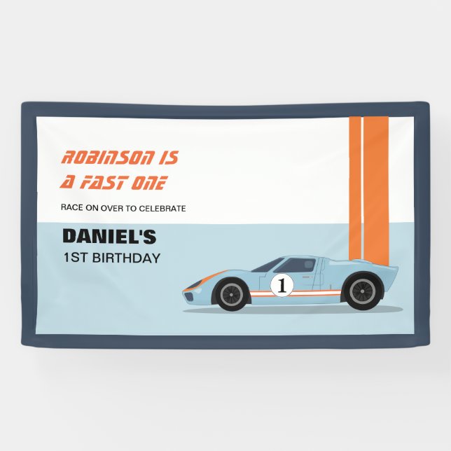 Modern Fast One Race Car Boy 1st Birthday Banner (Horizontal)