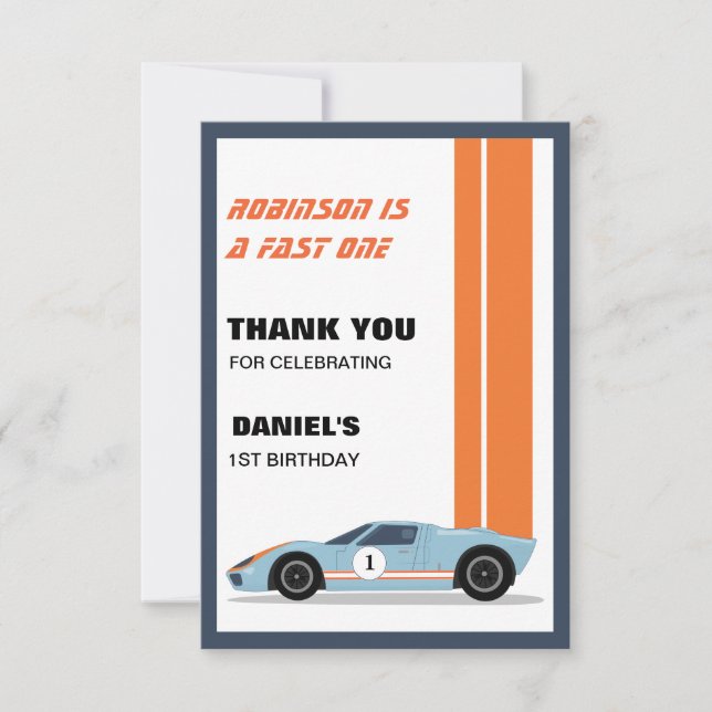 Modern Fast One Race Car Boy 1st Birthday Thank You Card (Front)