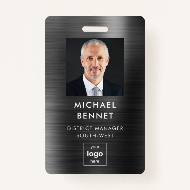 Modern Faux Black Metallic Corporate Photo ID Badge (Front)