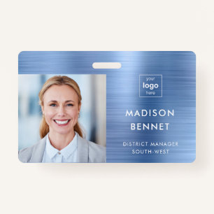 Modern Faux Blue Metallic Corporate Photo ID Badge