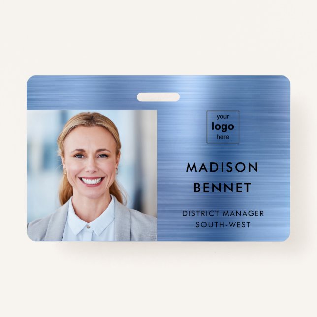 Modern Faux Blue Metallic Corporate Photo ID Badge (Front)