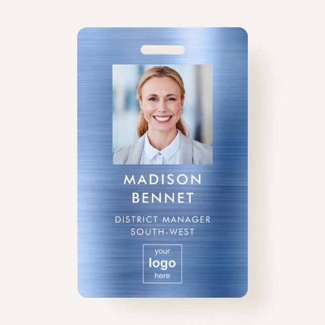 Modern Faux Blue Metallic Corporate Photo ID  Badge (Front)