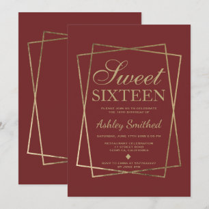 Modern faux chic gold script burgundy Sweet 16 Invitation
