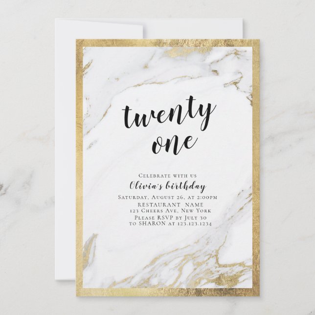 Modern faux gilded gold marble 21st birthday party invitation (Front)
