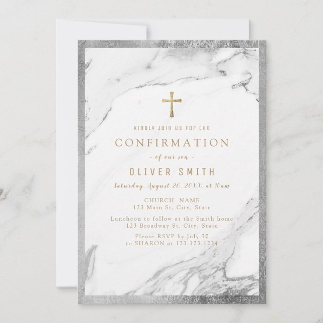 Modern faux gilded silver marble confirmation invitation (Front)