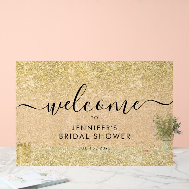 Modern Faux Glitter Bridal Shower Welcome GOLD Acrylic Sign (Wedding)