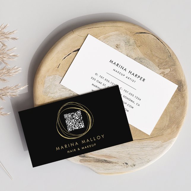 Modern Faux Gold Abstract Circle QR Code Business Card (Creator Uploaded)