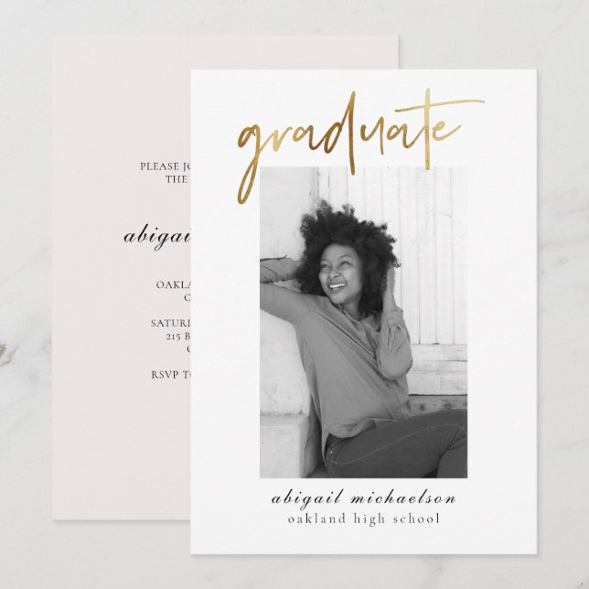 Modern Faux Gold and Blush Photo Graduation Party Invitation (Front/Back)