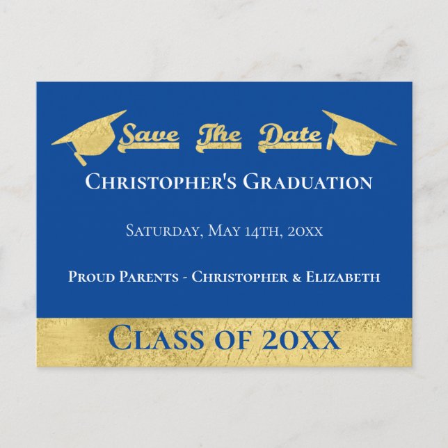 Modern Faux Gold Blue Save The Date Graduation Cap Announcement Postcard (Front)