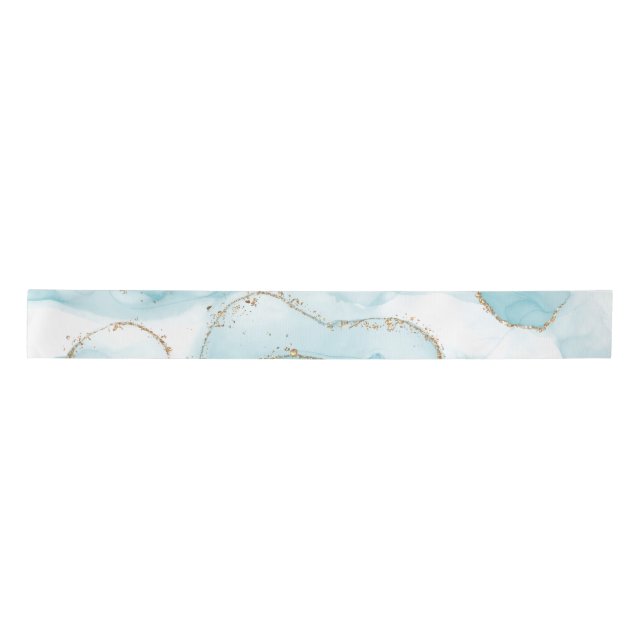 Modern Faux Gold & Blue Watercolor Marble Pattern Satin Ribbon (Front)