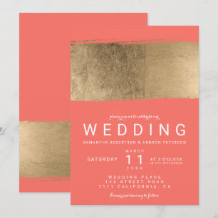Modern faux gold brushstroke coral wedding invitation