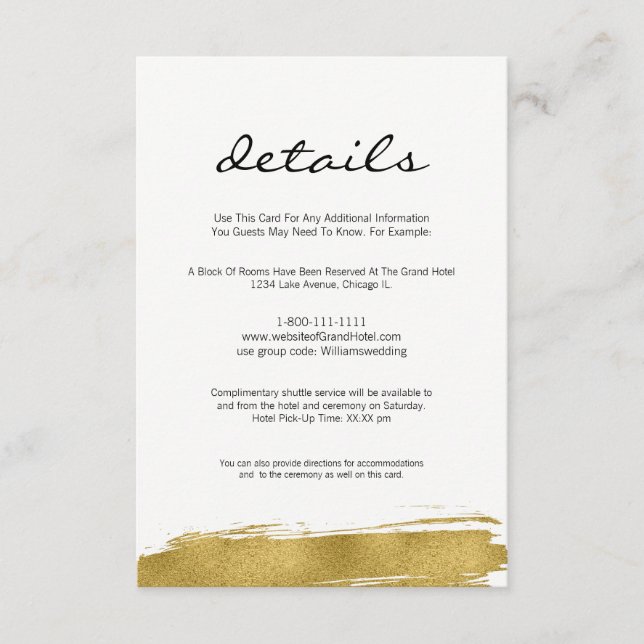 Modern Faux Gold Brushstroke Wedding Details Card (Front)