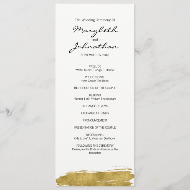 Modern Faux Gold Brushstroke Wedding Program (Front)