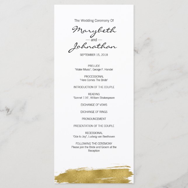 Modern Faux Gold Brushstroke Wedding Program (Front)