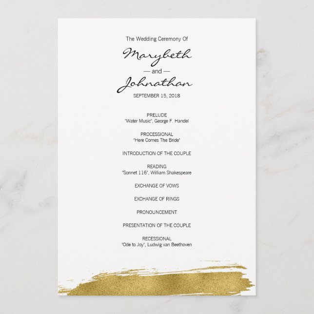 Modern Faux Gold Brushstroke Wedding Program (Front)