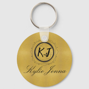 Modern Faux Gold Celestial Monogram & Script Name Keychain