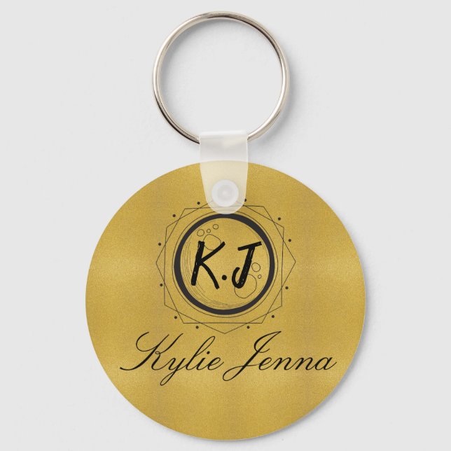 Modern Faux Gold Celestial Monogram & Script Name Keychain (Front)