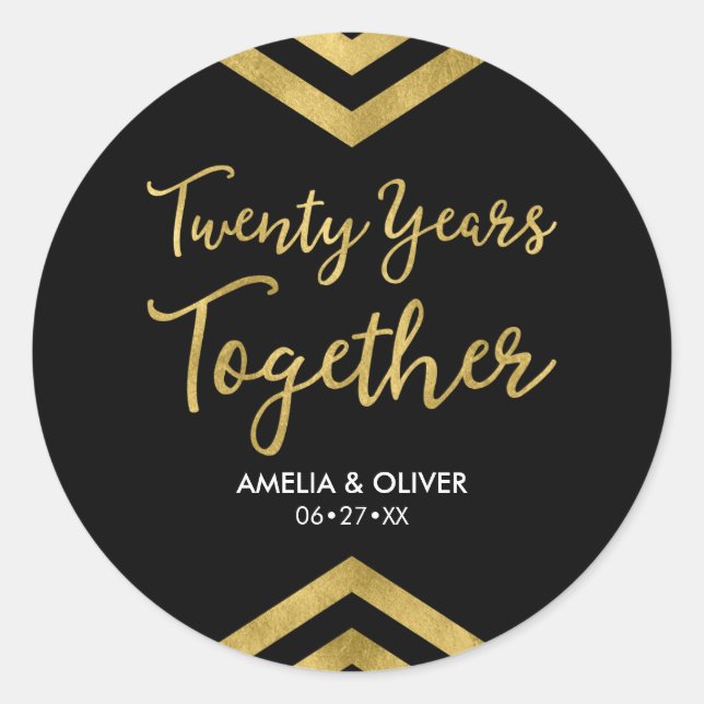 Modern Faux Gold Chevron 20th Anniversary Party Classic Round Sticker (Front)