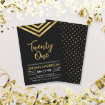 Modern Faux Gold Chevron 21st Birthday Party Invitation<br><div class="desc">Modern 21st Birthday invitation featuring an elegant geometric chevron and the word "Twenty One" in faux gold against a black background. Card includes a matching pattern back side. Check out matching items here http://www.zazzle.com/collections/modern_faux_gold_chevron_celebration_collection-119531050277382712?rf=238364477188679314 Personalize it by replacing the placeholder text to add your information. For more options click the "Customize...</div>