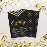 Modern Faux Gold Chevron 70th Birthday Party Invitation<br><div class="desc">Modern 70th Birthday invitation featuring an elegant geometric chevron and the word "Seventy" in faux gold against a black background. Card includes a matching pattern back side. Check out matching items here http://www.zazzle.com/collections/modern_faux_gold_chevron_celebration_collection-119531050277382712?rf=238364477188679314 Personalize it by replacing the placeholder text to add your information. For more options click the "Customize it"...</div>
