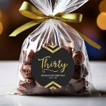 Modern Faux Gold Chevron Geometric 30th Birthday Classic Round Sticker<br><div class="desc">This chic round sticker features an elegant geometric chevron and the word "Thirty" in faux gold against a black background. It's great for a 30th birthday celebration. Check out matching invitations and items here http://www.zazzle.com/collections/modern_faux_gold_chevron_celebration_collection-119531050277382712?rf=238364477188679314 Personalize it with your details by replacing the placeholder text. For more options click the "Customize...</div>