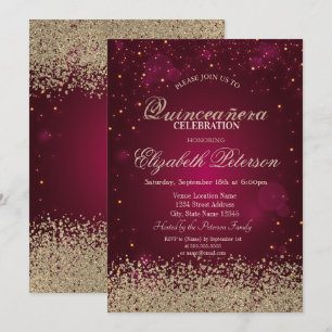 Modern Faux Gold Diamonds Confetti Red Quinceañera Invitation