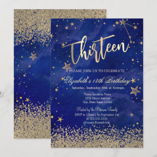 Modern Faux Gold Diamonds Stars Blue Thirteen Invitation