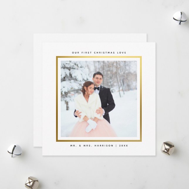 Modern Faux Gold First Christmas Mr and Mrs Flat Holiday Card (Front/Back In Situ)