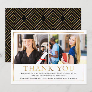 Modern Faux Gold Foil 2 Photo Graduation Thank You Card