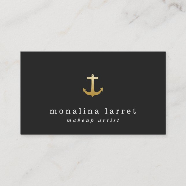 Modern Faux Gold Foil Anchor Nautical Black Business Card (Front)