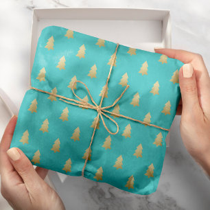 Modern Faux Gold Foil Christmas Trees Bold Colour Wrapping Paper