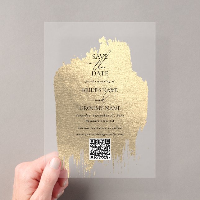 Modern Faux Gold Foil Clear Wedding Save the Dates Acrylic Invitations (Insitu (Handheld))